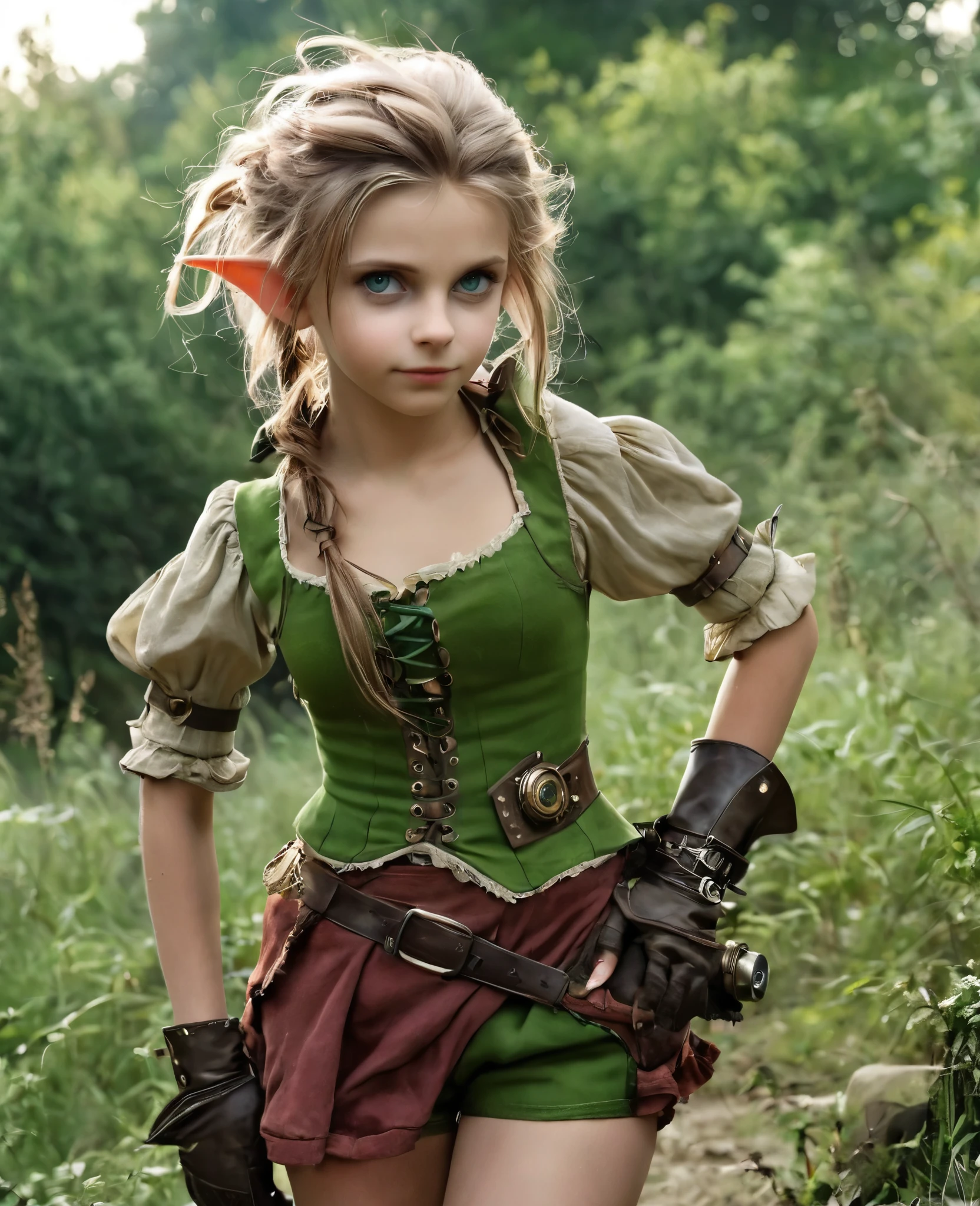 cute elf, (teenage elf  with extremely cute eyes)), (((elf))), ((((high resolution))), (((extremely detailed))), ((masterpiece)), looks like Aerith Gainsborough, dramatic shadows, depth of field, analog photo style, (world in which are collide steampunk and postapocalyptic vibes), postapocalyptic cute female in steampunk aesthetic, torn dirty clothes, depth of field, full body shot, unzoomed, (perfect body: 1.4), (sidecut short hairstyle), (stalking is quite common, although not the best way to make a living), stylized atmosphere of unreality, dark atmosphere, dynamic pose, in motion, Armageddon, increase cinematic lighting, highly lifelike skin texture, parted lips, weary eyes, fine eyes, whitened skin, random hair colour, doomsday aura