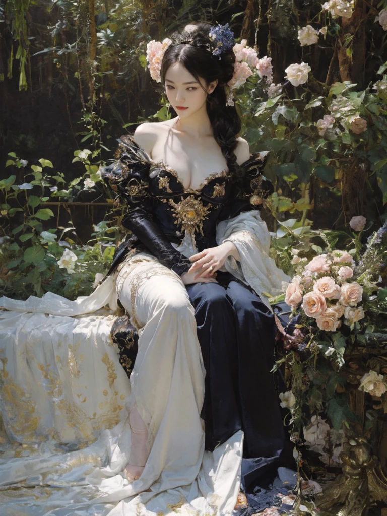  Queen, full body display, leaning against the ruins, with floating bat all around the background. The Queen's expression  enchanting, her posture  seductive, her hand  holding her face, and there  a flicker of evil energy runes in the background, blood mist filled, and soft light. Black stockings. Official art, unit 8 k wallpaper, ultra detailed, beautiful and aesthetic, masterpiece, best quality, extremely detailed, dynamic angle, paper skin, radius, iuminosity, cowboyshot, the most beautiful form of Chaos, elegant, a brutalist designed, visual colors, romanticism, by James Jean, roby dwi antono, cross tran, francis bacon, Michael mraz, Adrian ghenie, Petra cortright, Gerhard richter, Takato yamamoto, ashley wood, atmospheric, ecstasy of musical notes, streaming musical notes visible, flowers in full bloom, many bird of parade, deep forests, sunlight, atmosphere, rich details, full body lens, shot from above, shot from below, detail background, beautiful sky, floating hair, perfect face, exquisite facial features, high detail, smile, Fisheye lens, dynamic angle, dynamic posture,As the moon,1,sen,nature,plan,flowers,tree,Steampunk,semantics through,