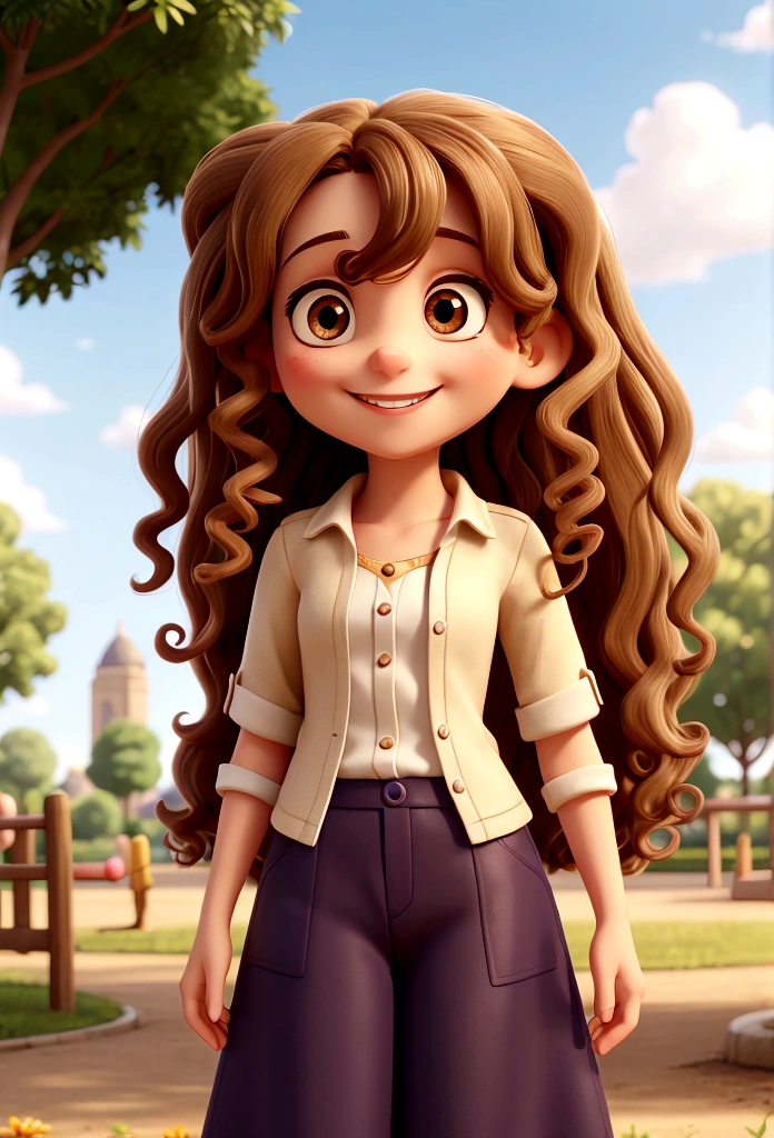 light brunette woman, long curly hair, smiling, small eyes, with a park in the background