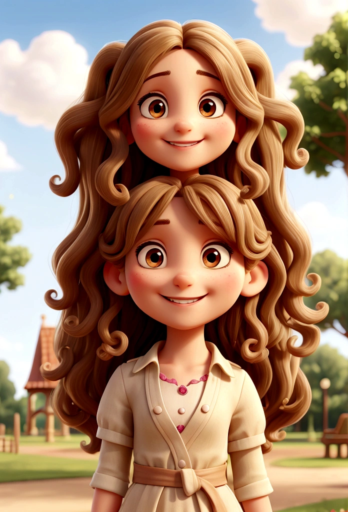 light brunette woman, long curly hair, smiling, small eyes, with a park in the background
