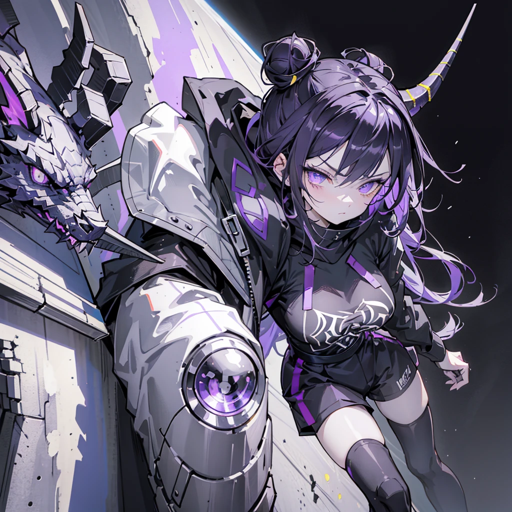 boy. thoughtful look. open forehead. black and purple hair tied in a bun on the left side to one side. sinuous black horns wrapped in dark purple ribbon. pale violet eyes. in short dark purple shorts. long white T-shirt. dark purple knee-high socks. dark purple long cloak with hood. view from the 100th floor of a cozy room in shades of gray, moon, starry sky