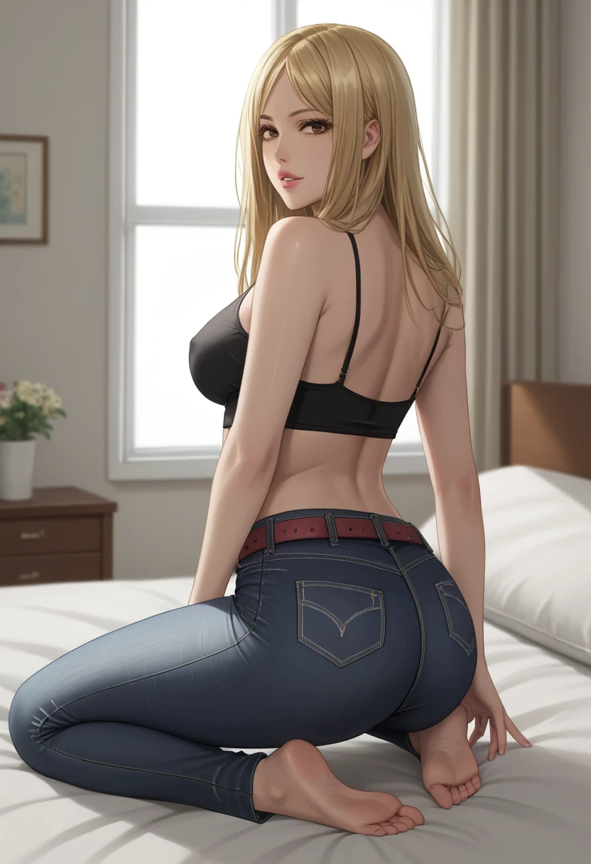 score_9_up, score_8_up, score_7_up, 1girl, solo, mature female,((Tsukumo Yuki)), ((blonde long hair)), brown eyes, pink lips, parted lips, fit slim body,(((perfect erected medium breast))) (((black tight top, tight jeans, belt))), (((highly detailed bedroom, window, bed))), perfect fit model body, showing her ass, seductive pose, lewd look, from behind