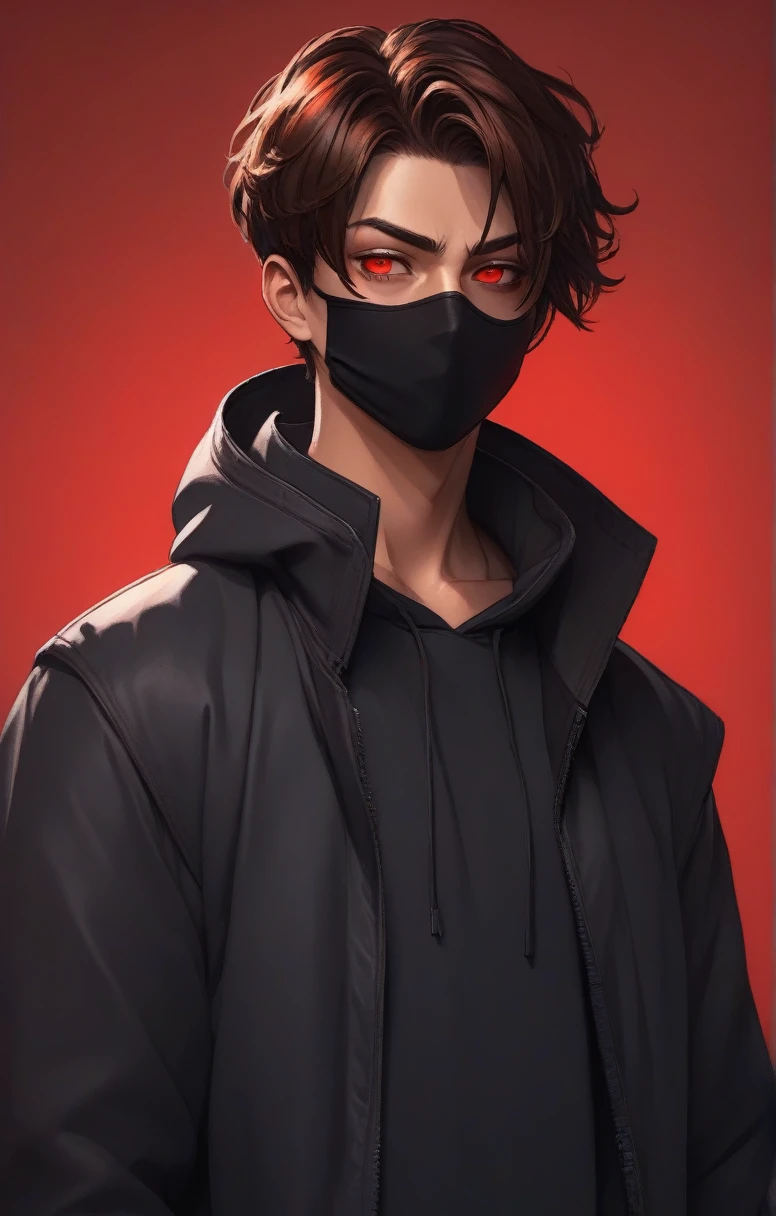 beautiful young anime man short brown hair, black mouth masked, black urban clothes, digital art portrait, with glowing skin, vibrant flat colors, and a gradient red background (best quality,4k,8k,highres,masterpiece:1.2) ultra-detailed,beautiful detailed red eyes,dramatic lighting,digital painting,concept art,character design
