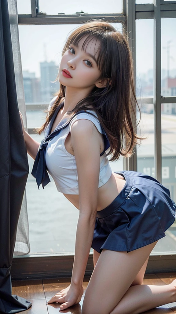 (A girl kneeling on the floor in front of a large window in a classroom), (Beautiful school girl), Enchanting girl, Slender body line, Small and slender figure, ((Captivating Lips)), Top rated on pixiv, (beautiful girl, :1.3, Idol Face), (Beautiful breasts:1.2), (Small beautiful butt), Surreal, Topics on pixiv, ((Sailor suits and miniskirts)), ((Detailed eyes and face:1.2, Professional photography techniques, Cinema Lighting)), (Detailed hands:1.2), (Perfect Anatomy:1.3), ribbon, (Highest quality, 8K, masterpiece:1.2, RAW Photos), (Photorealism:1.4)