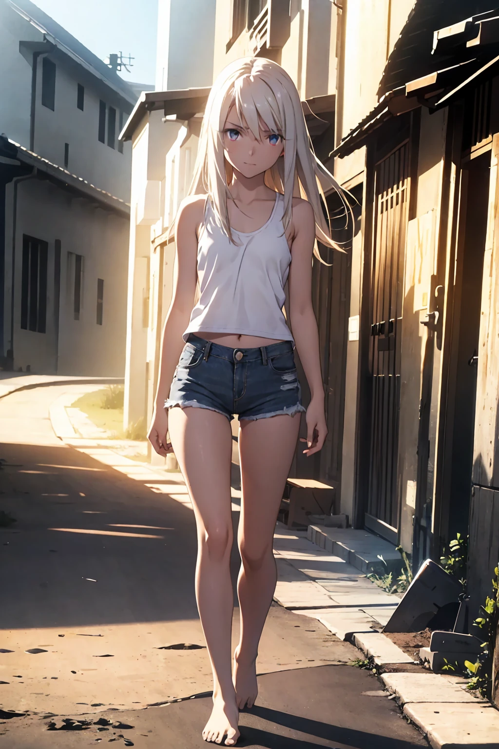 Browsing Caution　(Highest quality:1.5, High resolution, 超High resolution, 4K, Detailed lighting, Shaders)(masterpiece:1.2), Very detailed, Illyasviel von Einzbern　{{Red colored eyes}}++　alone, Cowboy Shot,Long Hair, Gray Hair, Red eyes, A small white tank top　Denim shorts　M-shaped foot　sneer　Beautiful beach　Realistic sun rays　topless　Completely naked　Roll up your shirt　Sweat　Outdoor