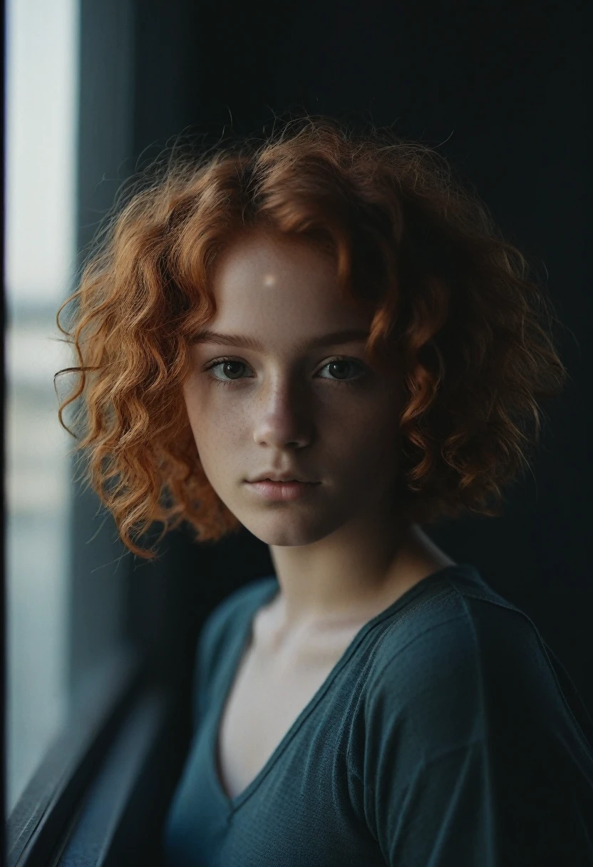 A super cute 18 year old girl with short curly natural red hair., looking at the viewer, photo styled by Alessio Albi, cinematographic composition, cinematic lighting, Dark theme