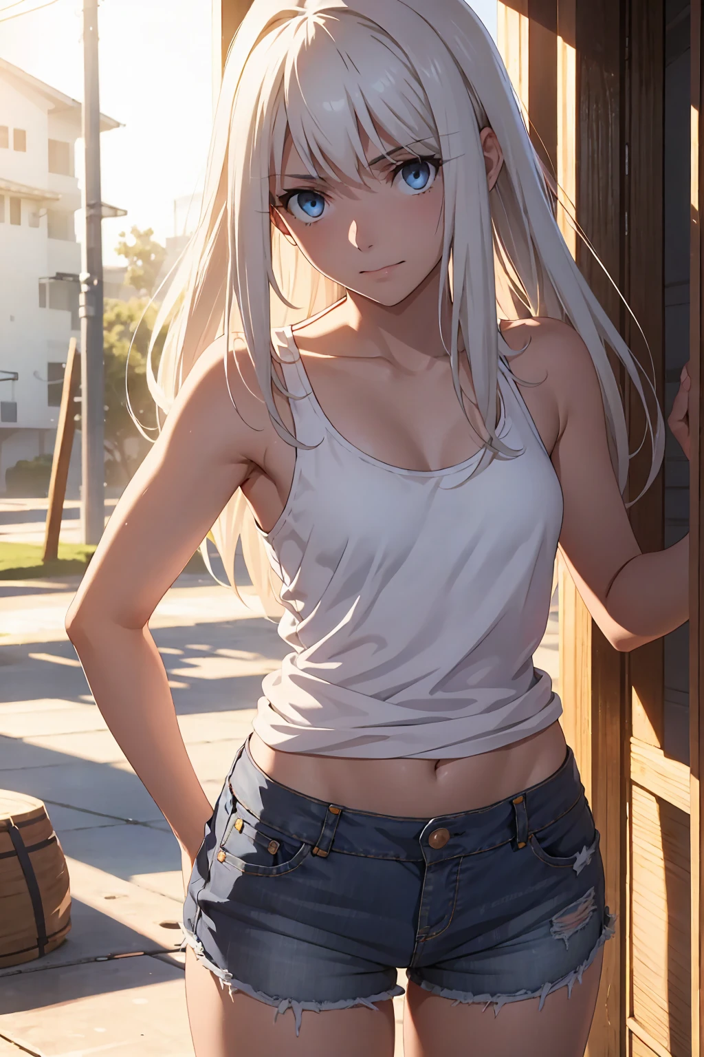 Browsing Caution　(Highest quality:1.5, High resolution, 超High resolution, 4K, Detailed lighting, Shaders)(masterpiece:1.2), Very detailed, Illyasviel von Einzbern　{{Red colored eyes}}++　alone, Cowboy Shot,Long Hair, Gray Hair, Red eyes, A small white tank top　Denim shorts　M-shaped foot　sneer　Beautiful beach　Realistic sun rays　topless　Completely naked　Roll up your shirt　Sweat　Outdoor