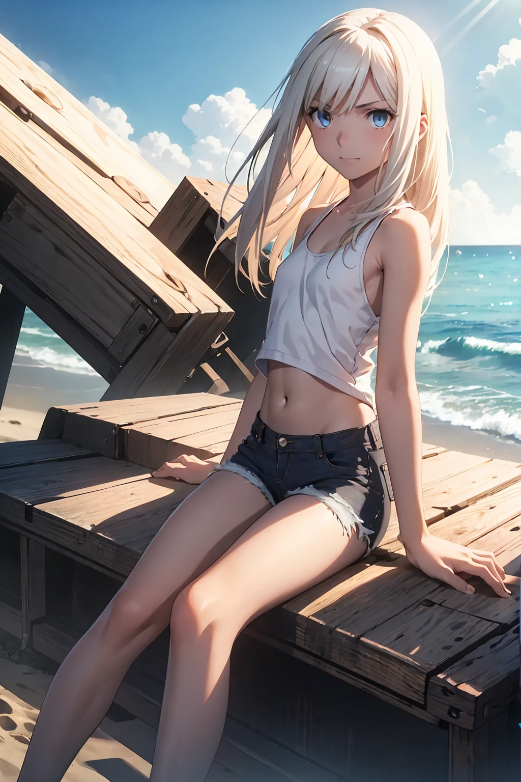 Browsing Caution　(Highest quality:1.5, High resolution, 超High resolution, 4K, Detailed lighting, Shaders)(masterpiece:1.2), Very detailed, Illyasviel von Einzbern　{{Red colored eyes}}++　alone, Cowboy Shot,Long Hair, Gray Hair, Red eyes, A small white tank top　Denim shorts　M-shaped foot　sneer　Beautiful beach　Realistic sun rays　topless　Completely naked　Roll up your shirt　Sweat　Outdoor