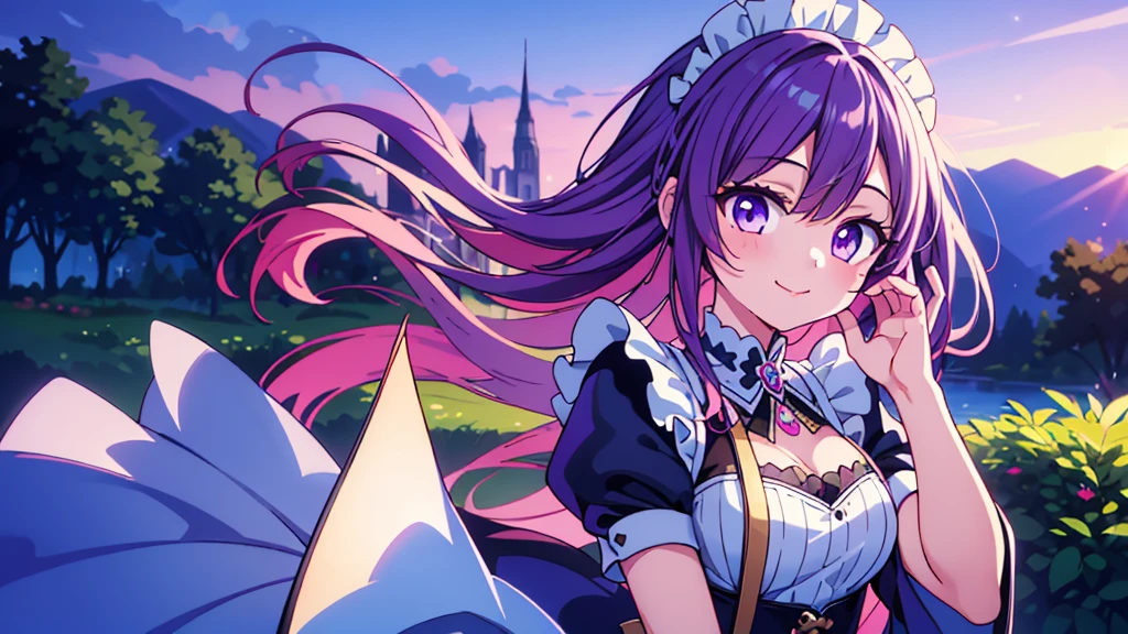 1girl, purple hair, purple eyes, nice hands, perfect hands, light smile, wearing maid costume, high res, ultrasharp, 8K, masterpiece, looking at viewer, delicate poses, light pink cute background, confident, ultra detailed, best quality, beautiful,lovestruck expression, high detail textures, high detail eyes, bright colors,landscape,insanely detailed, absurdres, ultra-highres, ultra-detailed, best quality, nice hands, ultra detailed eyes, ultra detailed hair, ultra cute, ultra beautiful, full body shot