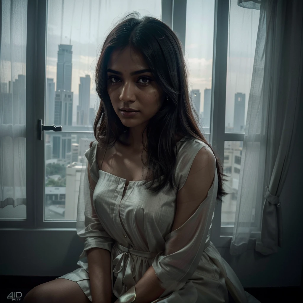 A stunning Indian woman sitting in the window of an apartment in Dubai on a dark night, waiting for her lover to return, looking sad and pensive, highly detailed portrait, photorealistic, cinematic lighting, dramatic colors, chiaroscuro, (best quality,4k,8k,highres,masterpiece:1.2),ultra-detailed,(realistic,photorealistic,photo-realistic:1.37),dramatic lighting,moody atmosphere,dubai architecture,window frame,cityscape outside window,diaphanous curtains,longing expression,tear in eye,delicate features,beautiful detailed eyes,beautiful detailed lips,extremely detailed eyes and face,longeyelashes,1girl