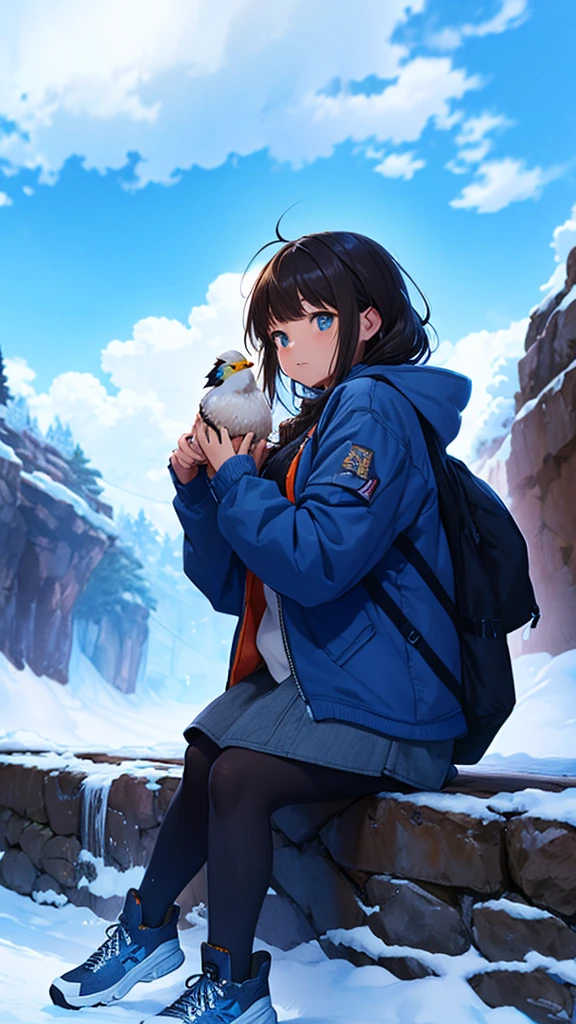 Masterpiece, intricately details,Best quality, 1girll, Solo, Bird, Hood, Sitting, Long hair, shoes, Jacket, blackfootwear, Hood down, animal on shoulder, whaite hair, Animal, blue jacket, Sneakers, sign, Cloud, bangs, Long sleeves, From the side Side, Hoodie, profile, Outdoors, bird on shoulder, sky, jaqueta com capuz