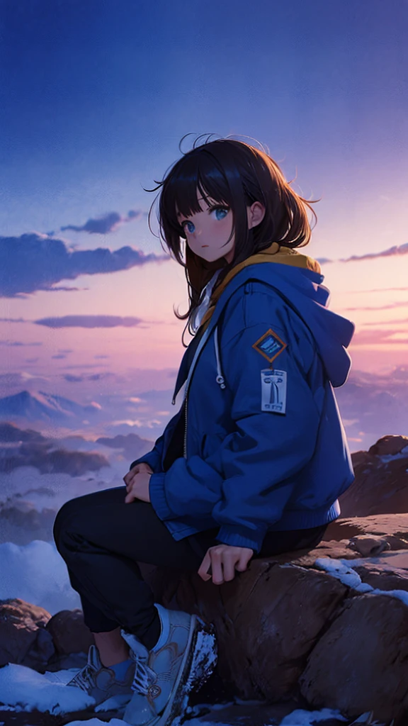 Masterpiece, intricately details,Best quality, 1girll, Solo, Bird, Hood, Sitting, Long hair, shoes, Jacket, blackfootwear, Hood down, animal on shoulder, whaite hair, Animal, blue jacket, Sneakers, sign, Cloud, bangs, Long sleeves, From the side Side, Hoodie, profile, Outdoors, bird on shoulder, sky, jaqueta com capuz