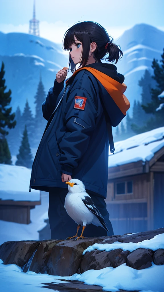 Masterpiece, intricately details,Best quality, 1girll, Solo, Bird, Hood, Sitting, Long hair, shoes, Jacket, blackfootwear, Hood down, animal on shoulder, whaite hair, Animal, blue jacket, Sneakers, sign, Cloud, bangs, Long sleeves, From the side Side, Hoodie, profile, Outdoors, bird on shoulder, sky, jaqueta com capuz