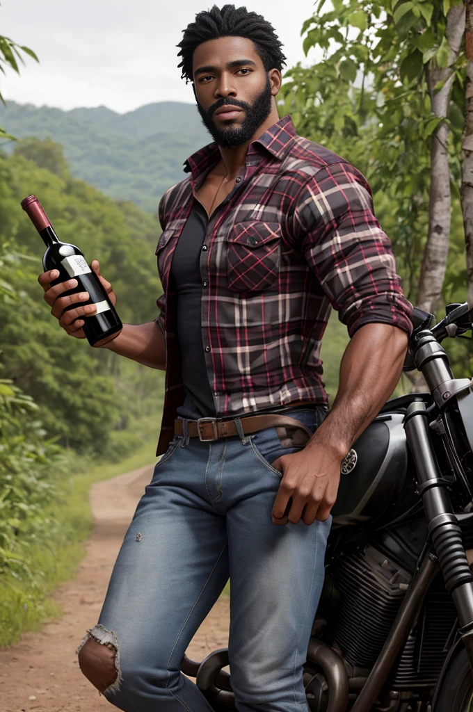 fuhrerdoodles style painting of a rugged lumberjack wearing an open plaid shirt and jeans bottle of wine in one hand standing in the jungle, beautiful eyes, black beard, black hair, detailed , sexy pose