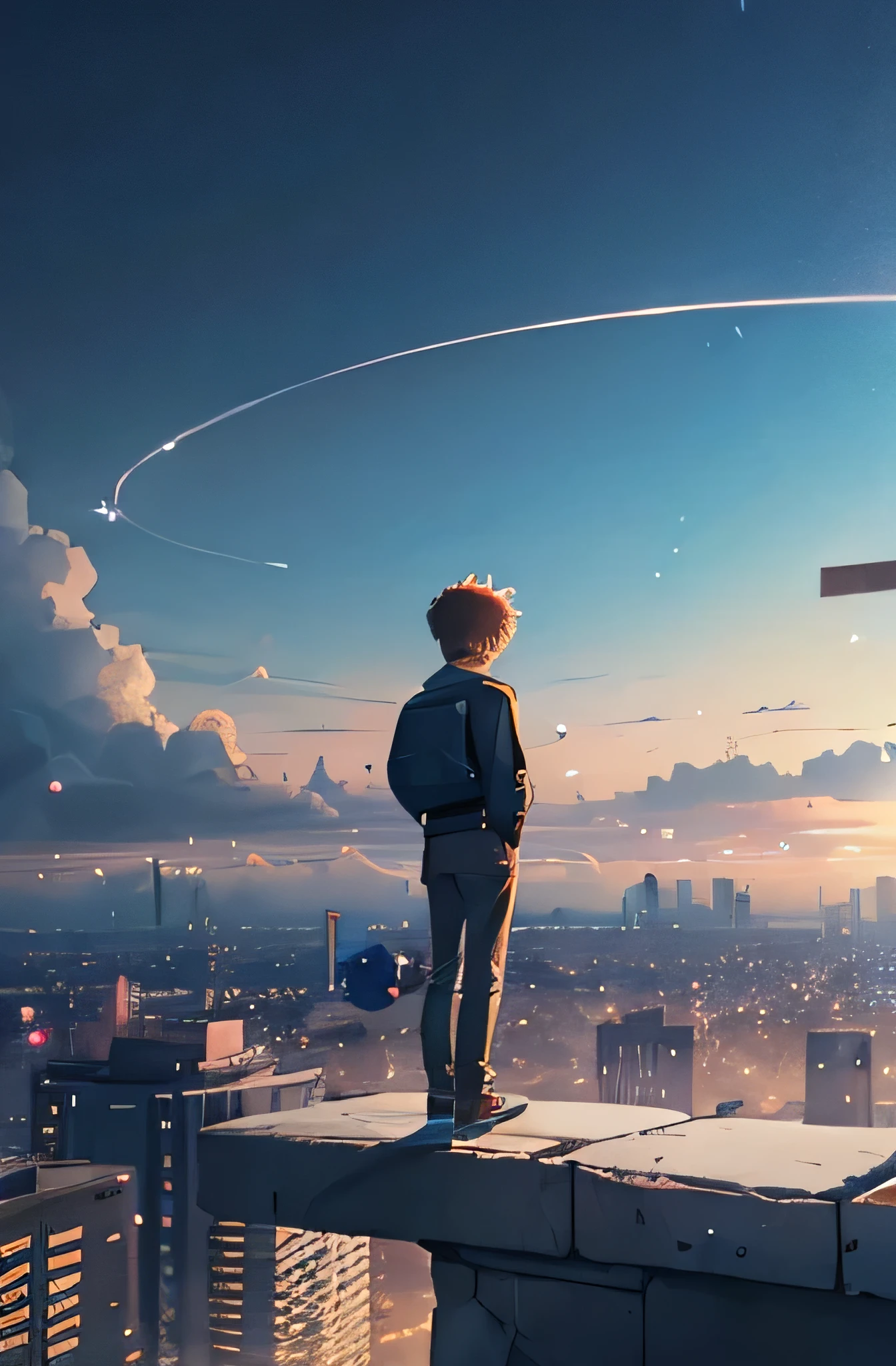 a boy standing in the middle of a city with bubbles floating in the air, high detailed hair, ultra high detailed hair, bubbly scenery, colorful anime movie background, floating bubbles, escaping air bubbles, anime background art, dreamy psychedelic anime, beautiful anime scene, beautiful anime scenery, anime background, bubbly underwater scenery, bubbles in the air.