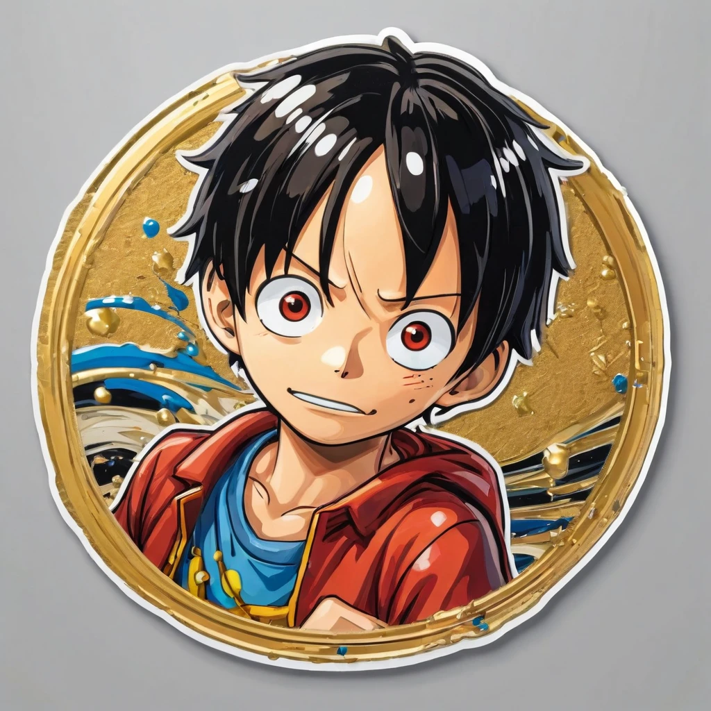 (a sticker,),(3D anime luffy), black hair,(In circlerown background), (pollock border)（oil painting style）， ultra - detailed, best quality, Detailed diagram, vectorized, 8K, Professional a sticker design, Graphic design, vector lines, a sticker, Full-HD