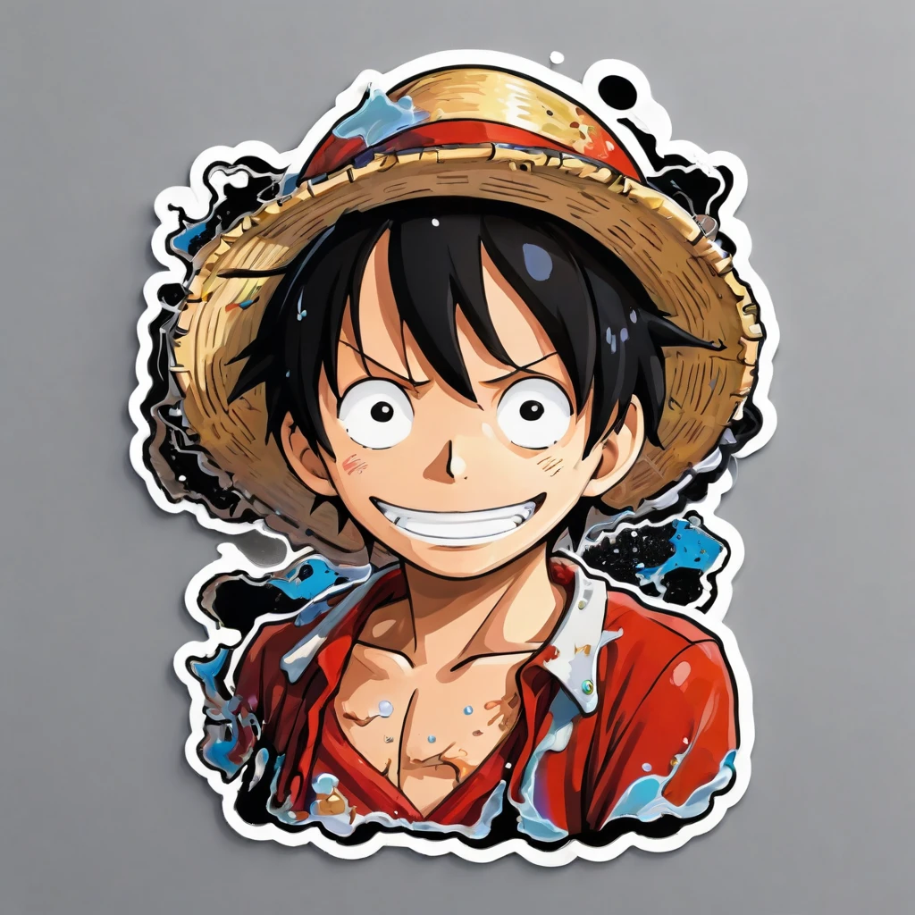 (a sticker,),(3D anime luffy), black hair,(In circlerown background), (pollock border)(oil painting style), ultra - detailed, best quality, Detailed diagram, vectorized, 8K, Professional a sticker design, Graphic design, vector lines, a sticker, Full-HD