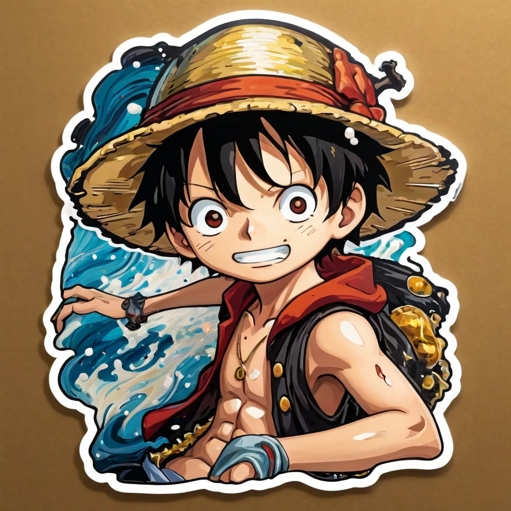 (a sticker,),(3D anime luffy), black hair,(In circlerown background), (pollock border)（oil painting style）， ultra - detailed, best quality, Detailed diagram, vectorized, 8K, Professional a sticker design, Graphic design, vector lines, a sticker, Full-HD