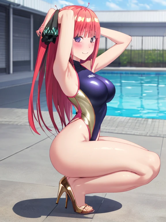 Top image quality、top-quality、8K picture quality、1girll、, nino nakano,　full body Esbian、inner strength、smile、embarrassed from、red blush、Colossal tits、(Gold Metallic:1.4)、(Sleeveless)、(High neck competitive swimsuit)、(highleg)、(Crotch penetration)、(pin heels)、Squatting on the ground、(Open your crotch wide from side to side)、Arms behind your head、(Show off your armpits)、gazing at viewer、((Face the viewer))、((Show viewers your crotch)) 、((Frontal shot))、in poolside、profetional lighting、professional photograpy