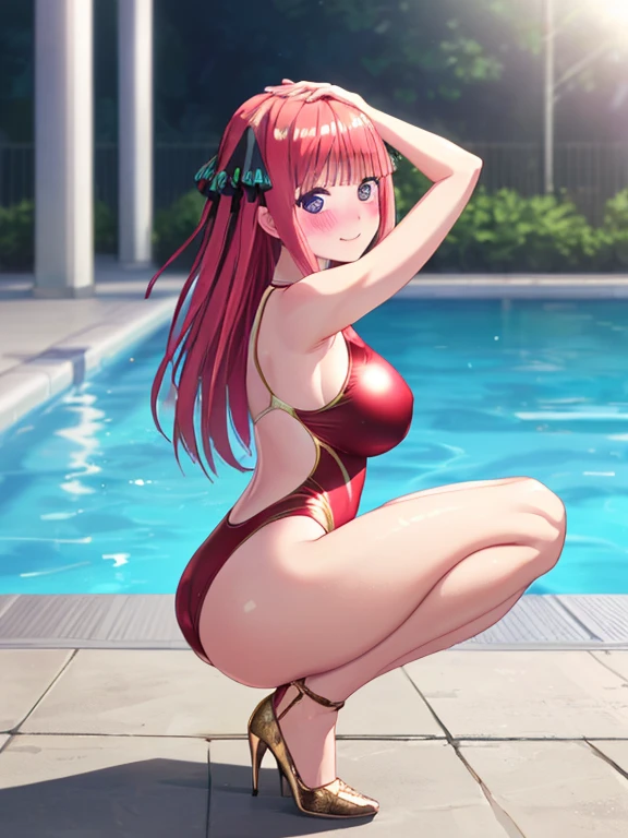 Top image quality、top-quality、8K picture quality、1girll、, nino nakano,　full body Esbian、inner strength、smile、embarrassed from、red blush、Colossal tits、(Gold Metallic:1.4)、(Sleeveless)、(High neck competitive swimsuit)、(highleg)、(Crotch penetration)、(pin heels)、Squatting on the ground、(Open your crotch wide from side to side)、Arms behind your head、(Show off your armpits)、gazing at viewer、((Face the viewer))、((Show viewers your crotch)) 、((Frontal shot))、in poolside、profetional lighting、professional photograpy