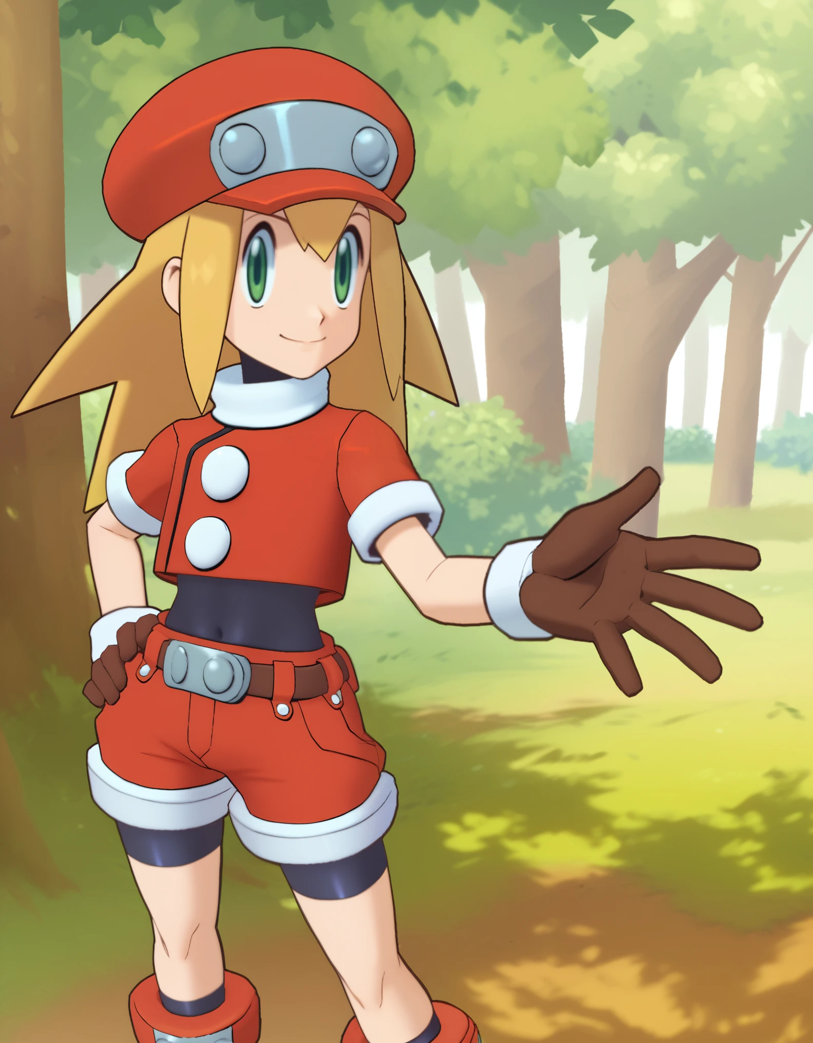 score_9,score_8_up,score_7_up,score_6_up,score_5_up,score_4_up, roll caskett (mega man), hair between eyes, bangs, long hair, spiked hair, blonde hair, green eyes, red cabbie hat, brown gloves, red jacket, short sleeves, spandex, brown belt, cropped jacket, bike shorts under red shorts, red boots, covered navel, forest, dappled sunlight, smile, looking at viewer, one hand on hip,