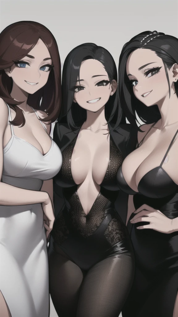 three sexy women who are wives of 4 years old boy, looking at camera, seductive smiles, portrait, kindergarten teachers outfits