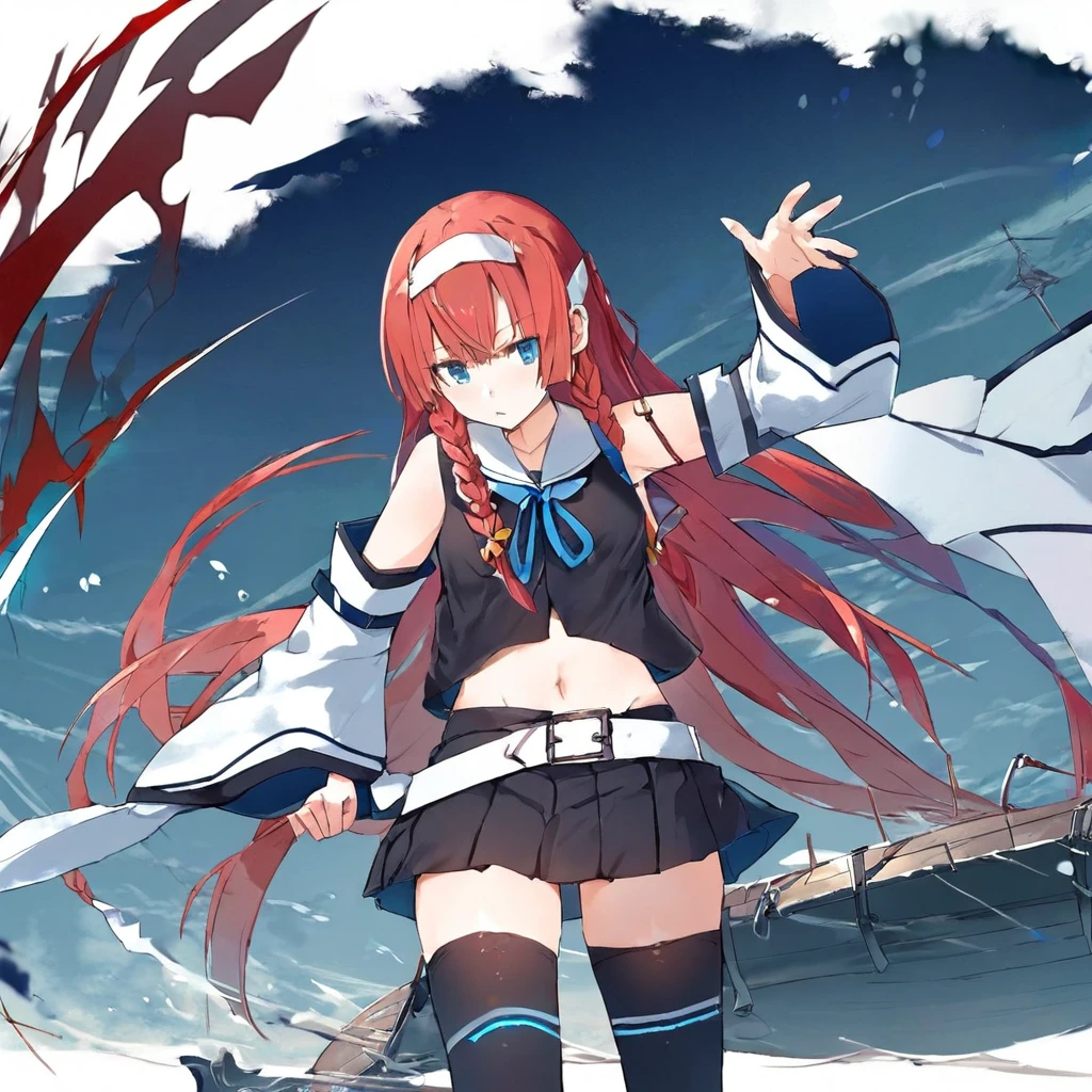 1girl, kawakaze from kantai collection, red hair, long hair, bangs, braids, red hair ribbons, blue eyes, white hairband, black thigh highs, black pleated miniskirt,white belt, black shirt, white colar, blue neck ribbon, detached sleeves, open navel, high quality, high resolution, best quality, by satoshi urushihara