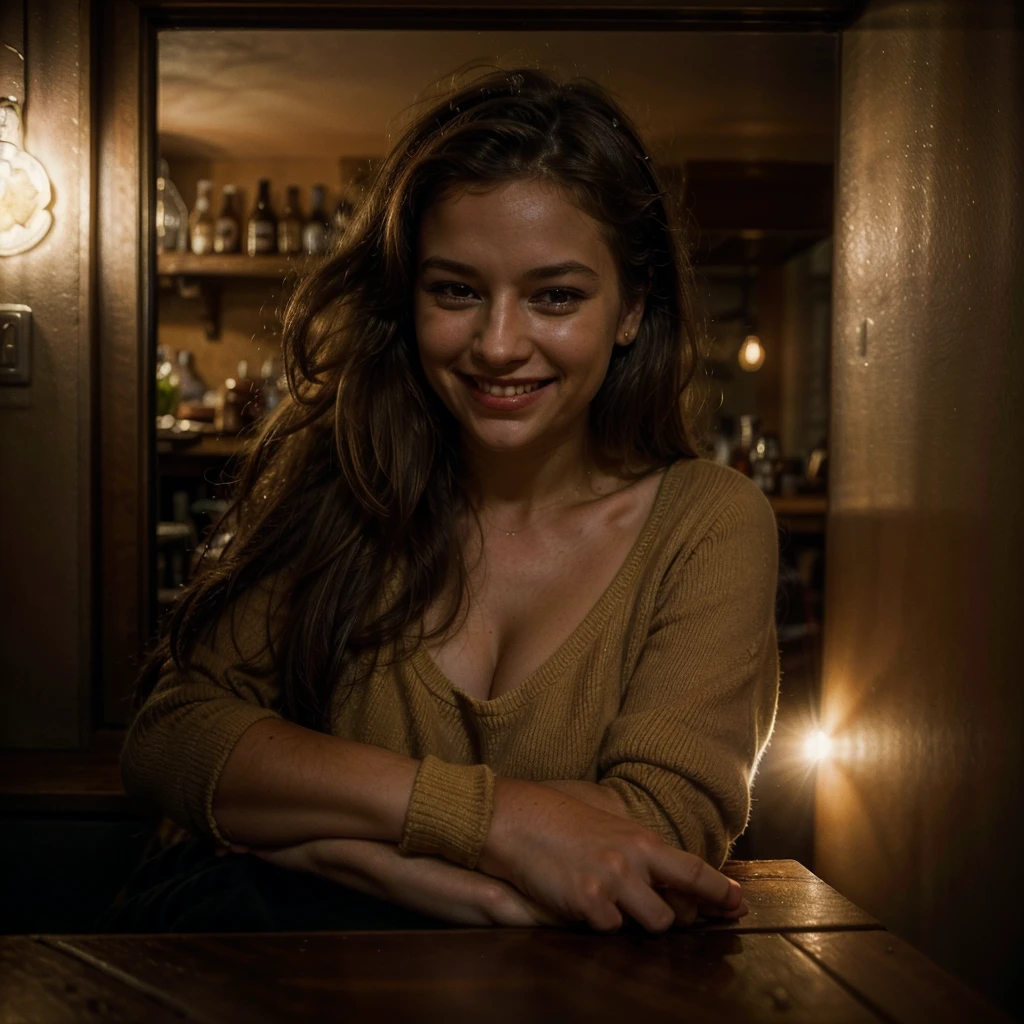 Pub scene in warm colors: cozy space, soft lighting casting delicate shadows. A happy European pretty woman sits in the center, her messy French braid cascading down one side of her face. Her bright and contagious laugh radiates as she directly addresses the viewer. There's a glass of cold beer next to her.