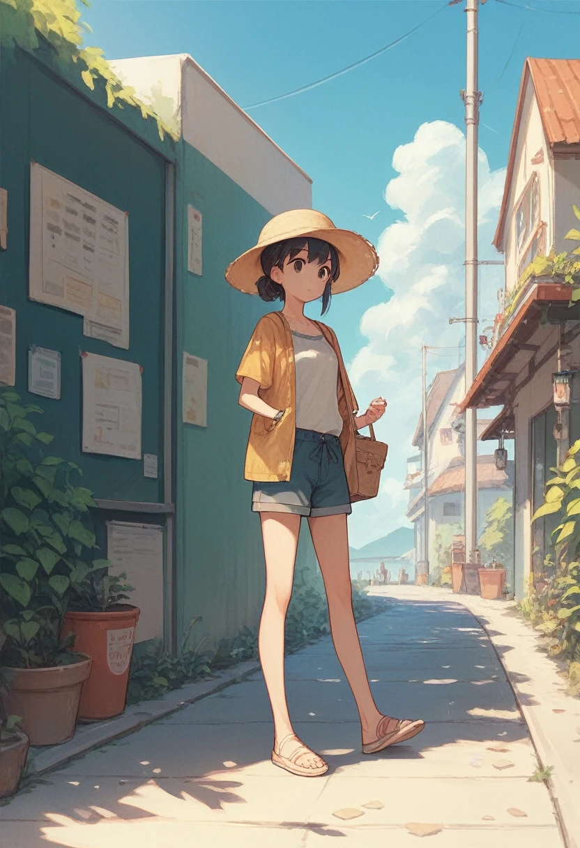 anime girl, casual clothing, cute, summer, outdoors, concept, full body,