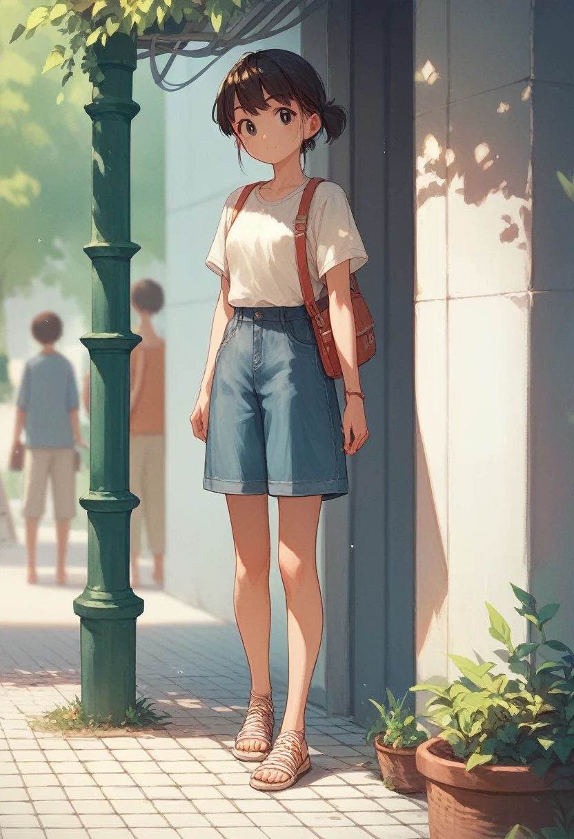 anime girl, casual clothing, cute, summer, outdoors, concept, full body,