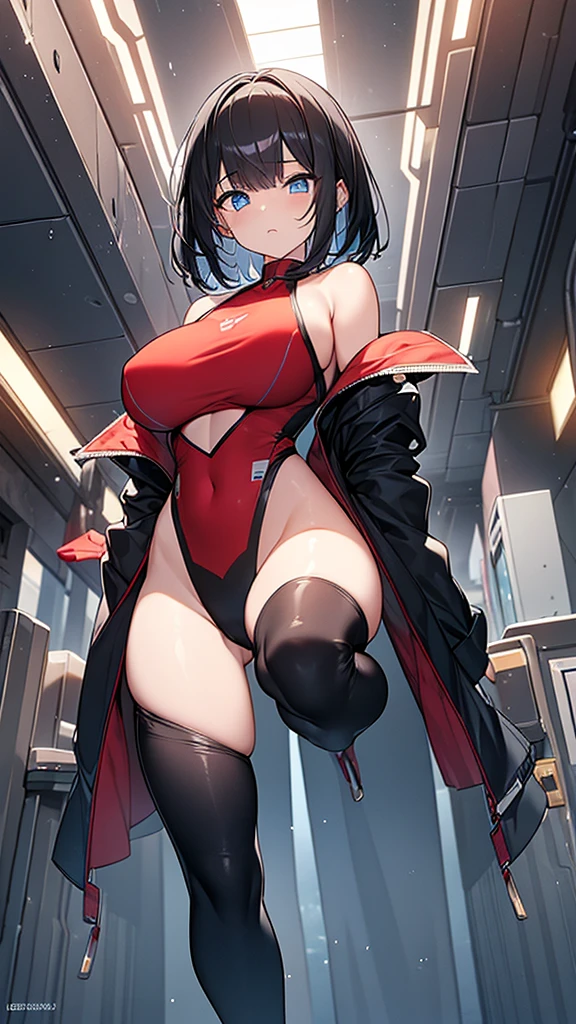 (Highly detailed CG Unity 32k wallpaper,masterpiece, Biological, whole body),(Best lighting, Best Shadow, Very delicate and beautiful),(One girl),blue eyes, Big Breasts, Black Hair,Bobcut,Red and black and White off-the-shoulder revealing high-cut SF bodysuit,One-piece swimsuit-style clothing,Clothes that emphasize the chest,Neck Seal,High-tech sci-fi corridor, Dynamic pose, Detailed Machinery, Sleek design.,My crotch is wet, {{An extraterrestrial lifeform preys on girls and takes their place、Her breasts are bigger than a real girl's、Suitable for the mother}}, Unknown sensation, Feels good, Vigorous movement, more, instinct, Female fall, Bouncing chest, loose, loose, Next to a real girl skeleton, NSFW