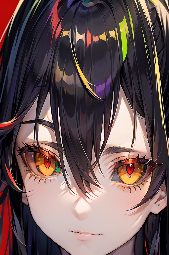 Female, Anime, Heterochromia, Melinoë from Hades II, black long hair, ponytail, greek style toga, "red eye on black sclera", small bust size, "green eye on white sclera",