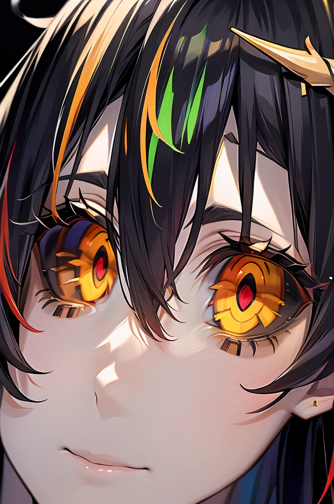 Female, Anime, Heterochromia, Melinoë from Hades II, black long hair, ponytail, greek style toga, "red eye on black sclera", small bust size, "green eye on white sclera",