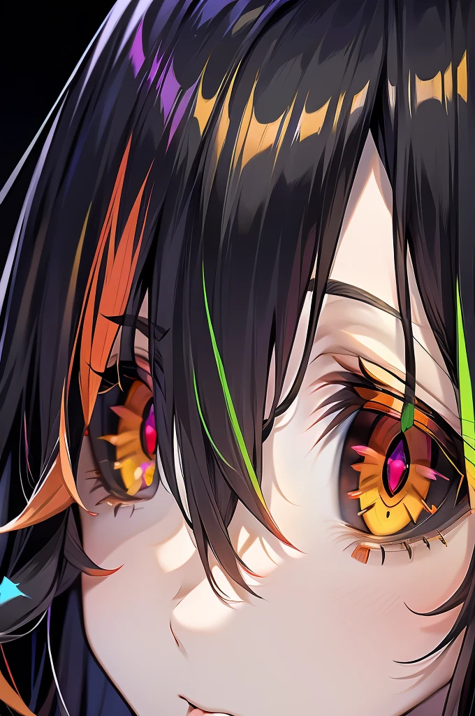 Female, Anime, Heterochromia, Melinoë from Hades II, black long hair, ponytail, greek style toga, "red eye on black sclera", small bust size, "green eye on white sclera",