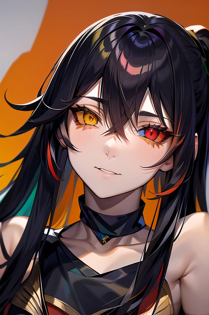 Female, Anime, Heterochromia, Melinoë from Hades II, black long hair, ponytail, greek style toga, "red eye on black sclera", small bust size, "green eye on white sclera",