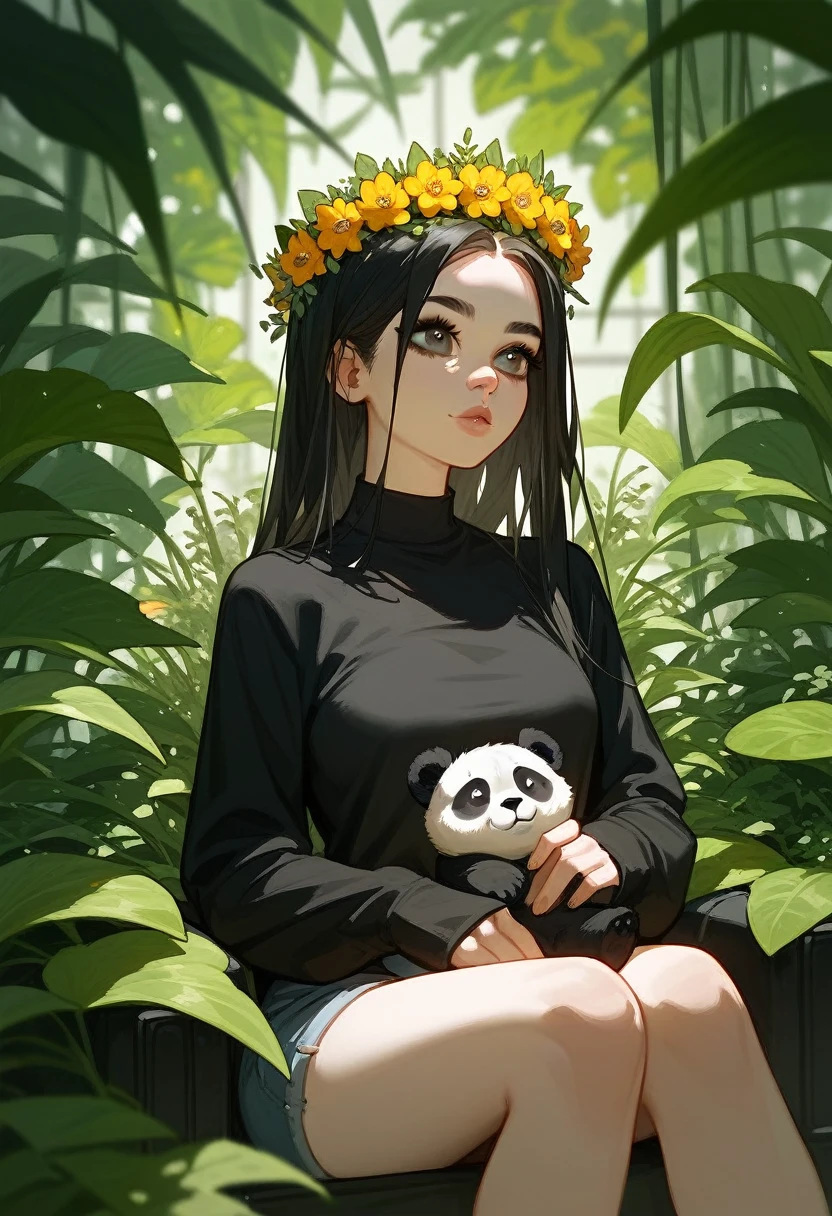 Black hair, bkack eyes, Black sleeves, flower crown, sitting,nose, eyes,lips, holding panda, Black plants, Black shirt