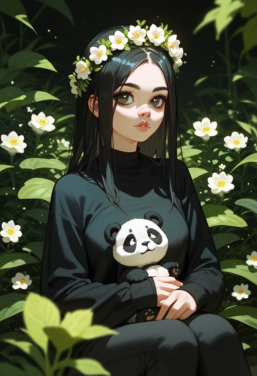 Black hair, bkack eyes, Black sleeves, flower crown, sitting,nose, eyes,lips, holding panda, Black plants, Black shirt