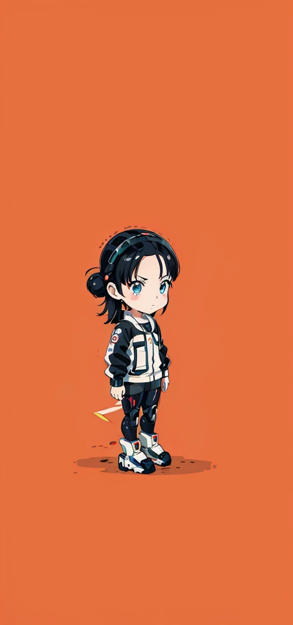 anime girl with orange and white jacket and black jacket surrounded by stickers, anime mecha aesthetic, anime style 4 k, anime graphic illustration, mecha asthetic, anime robotic mixed with organic, digital anime illustration, anime style illustration, cute art style, anime manga robot!! anime girl, anime illustration, anime style artwork, digital cyberpunk anime art, fully robotic!! girl