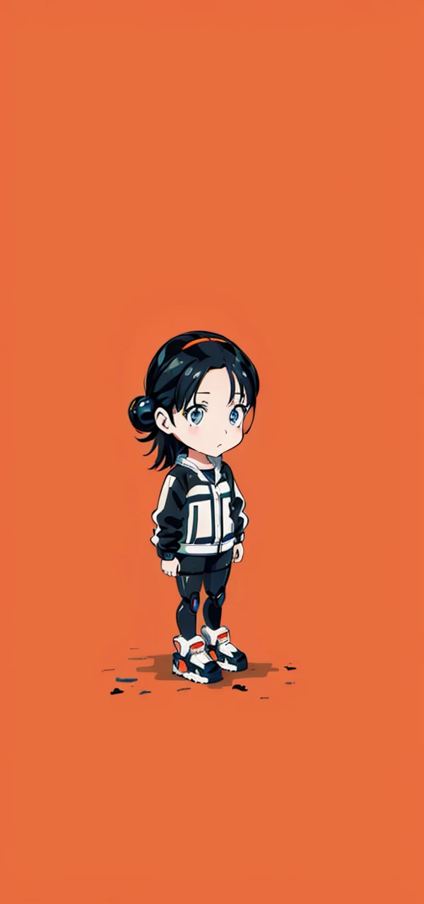 anime girl with orange and white jacket and black jacket surrounded by stickers, anime mecha aesthetic, anime style 4 k, anime graphic illustration, mecha asthetic, anime robotic mixed with organic, digital anime illustration, anime style illustration, cute art style, anime manga robot!! anime girl, anime illustration, anime style artwork, digital cyberpunk anime art, fully robotic!! girl