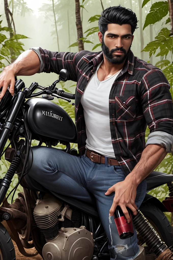 fuhrerdoodles style painting of a rugged lumberjack wearing an open plaid shirt and jeans bottle of wine in one hand standing in the jungle, beautiful eyes, black beard, black hair, detailed on heavy motor bike 