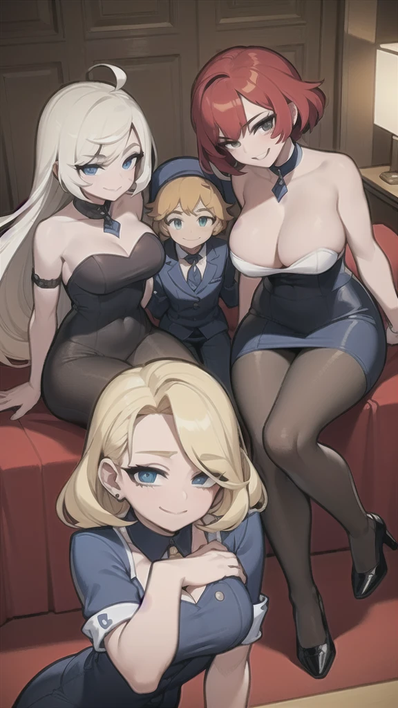three sexy women who are wives of boy, looking at camera, seductive smiles, portrait, kindergarten teachers outfits