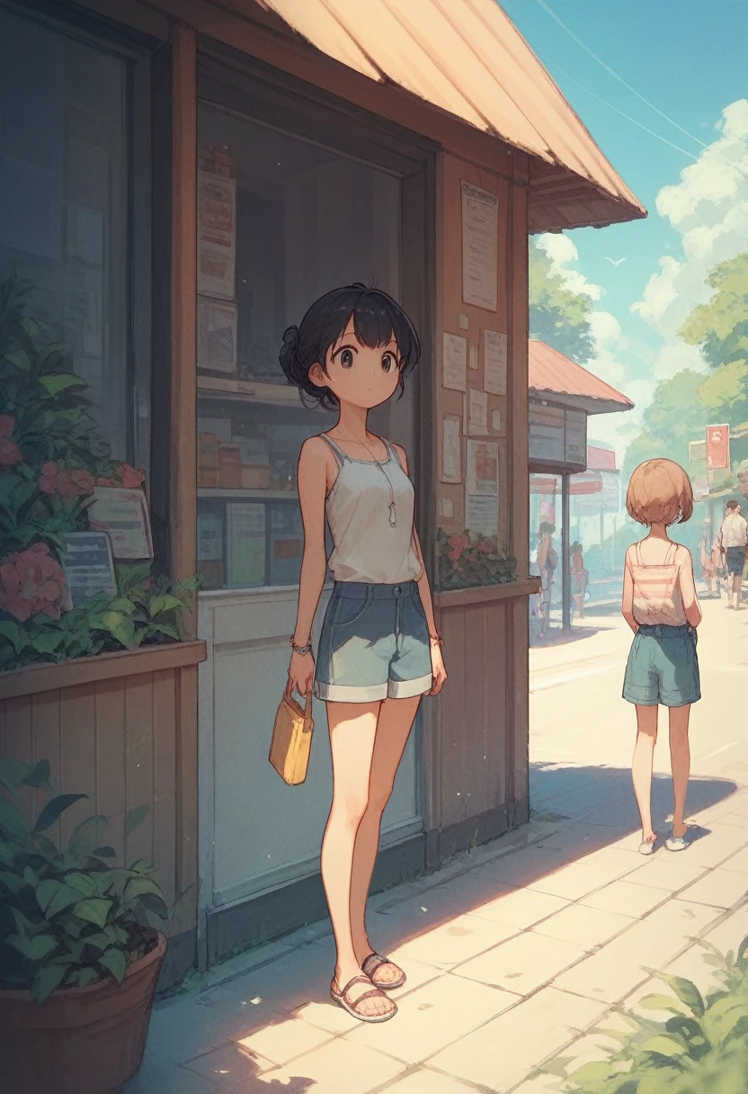 anime girl, casual clothing, cute, summer, outdoors, concept,