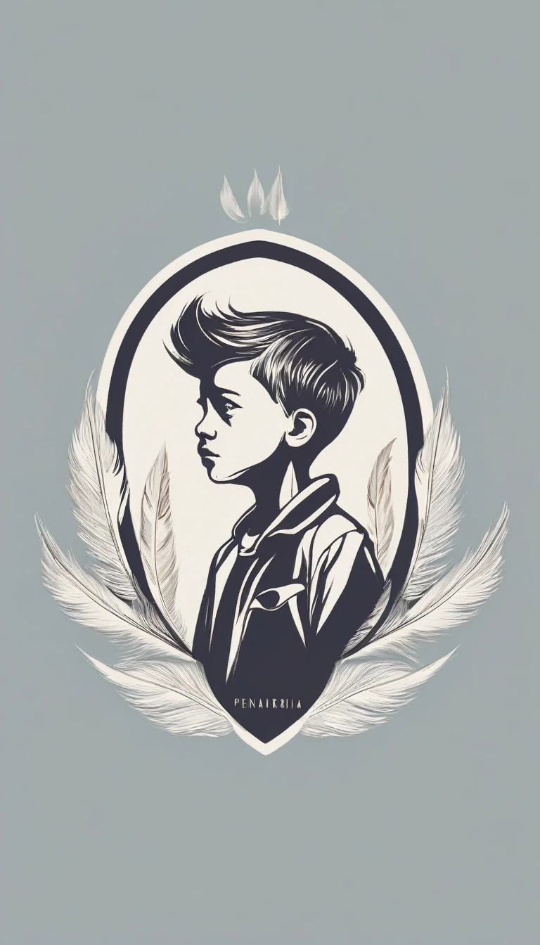 A minimal, modern, simple, cinematic logo design e of a boy with a head full of feathers for the brand “Penamemoria" .