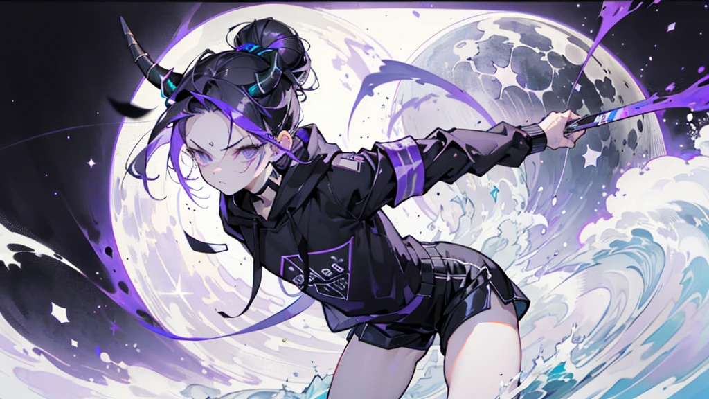 boy. thoughtful look. open forehead. black and purple hair tied in a bun on the left side to one side. sinuous black horns wrapped in dark purple ribbon. pale violet eyes. in short dark purple shorts. long white T-shirt. dark purple knee-high socks. dark purple long cloak with hood. view from the 100th floor of a cozy room in shades of gray, moon, starry sky