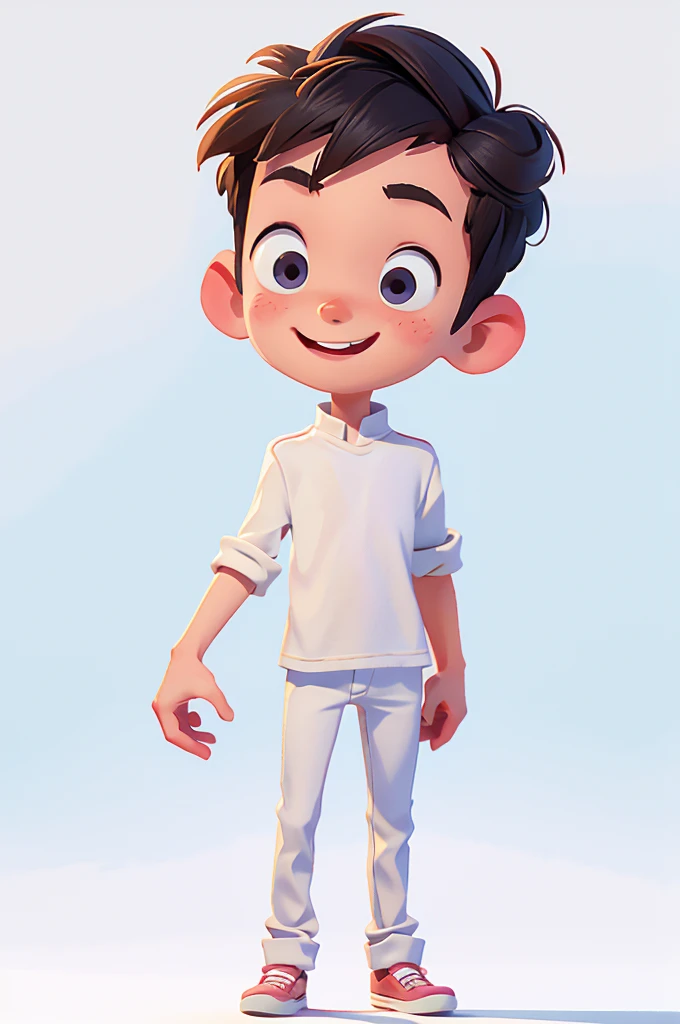1 boy, solo, skinny body, happy, 5 years old, with white background, hands down, standing straight, looking towards the camera, front face, looking straight, cute face