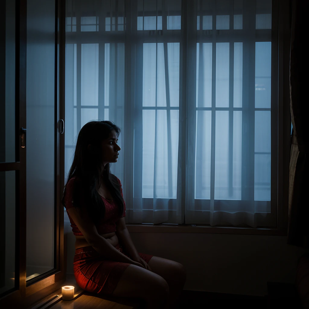 an indian woman sitting in window of an appartment located in Dubai on a very dark night, waits for her lover to return and she looks sadly