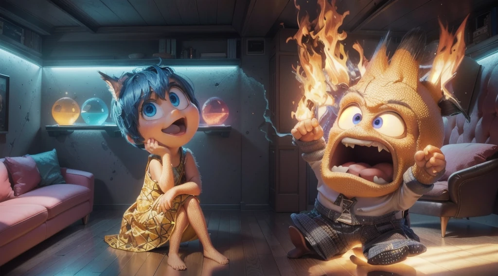 the image shows a room with no ceiling, with character Joy from Inside Out and Anger, a sofa and an armchair in the center of the room,with the colorful balls on shelves, the walls on the right side are destroyed and burning with fire, smooth 3d model, glossy plastic texture, multiple light sources, rim light, sharp post effects render, most beautiful vfx, , realistic, 4k, high resolution, rim light, smooth 3d model. , glossy texture, smooth 3d model, multiple light sources, rim light, sharp post effects render, (glossy plastic texture with multiple big light probe refractions), perfect cgi, reflective, best quality, 4k, masterpiece:1.2, ultra-detailed, realistic, vivid colors, The image of the highest quality, ensuring every detail showcased perfectly. It in 4k resolution, allowing viewers to immerse themselves in the richness of the colors and intricate details. The realistic rendering. under the spotlight, reflecting, high-resolution image, realistic rendering