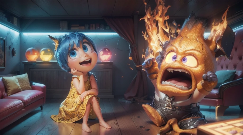 the image shows a room with no ceiling, with character Joy from Inside Out and Anger, a sofa and an armchair in the center of the room,with the colorful balls on shelves, the walls on the right side are destroyed and burning with fire, smooth 3d model, glossy plastic texture, multiple light sources, rim light, sharp post effects render, most beautiful vfx, , realistic, 4k, high resolution, rim light, smooth 3d model. , glossy texture, smooth 3d model, multiple light sources, rim light, sharp post effects render, (glossy plastic texture with multiple big light probe refractions), perfect cgi, reflective, best quality, 4k, masterpiece:1.2, ultra-detailed, realistic, vivid colors, The image of the highest quality, ensuring every detail showcased perfectly. It in 4k resolution, allowing viewers to immerse themselves in the richness of the colors and intricate details. The realistic rendering. under the spotlight, reflecting, high-resolution image, realistic rendering