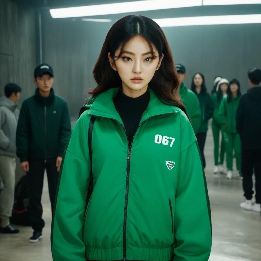 Hoyeon Jung wearing green jacket, make sure the number (067) appears on the jacket, netflix, squid game, Kang Sae-byeok, in stone arena, front view