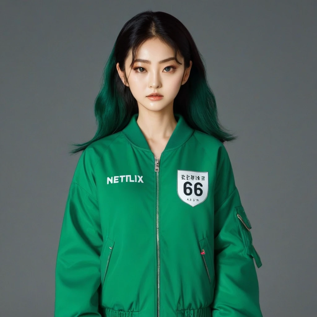 Hoyeon Jung wearing green jacket, make sure the number (067) appears on the jacket, netflix, squid game, Kang Sae-byeok, in stone arena, front view